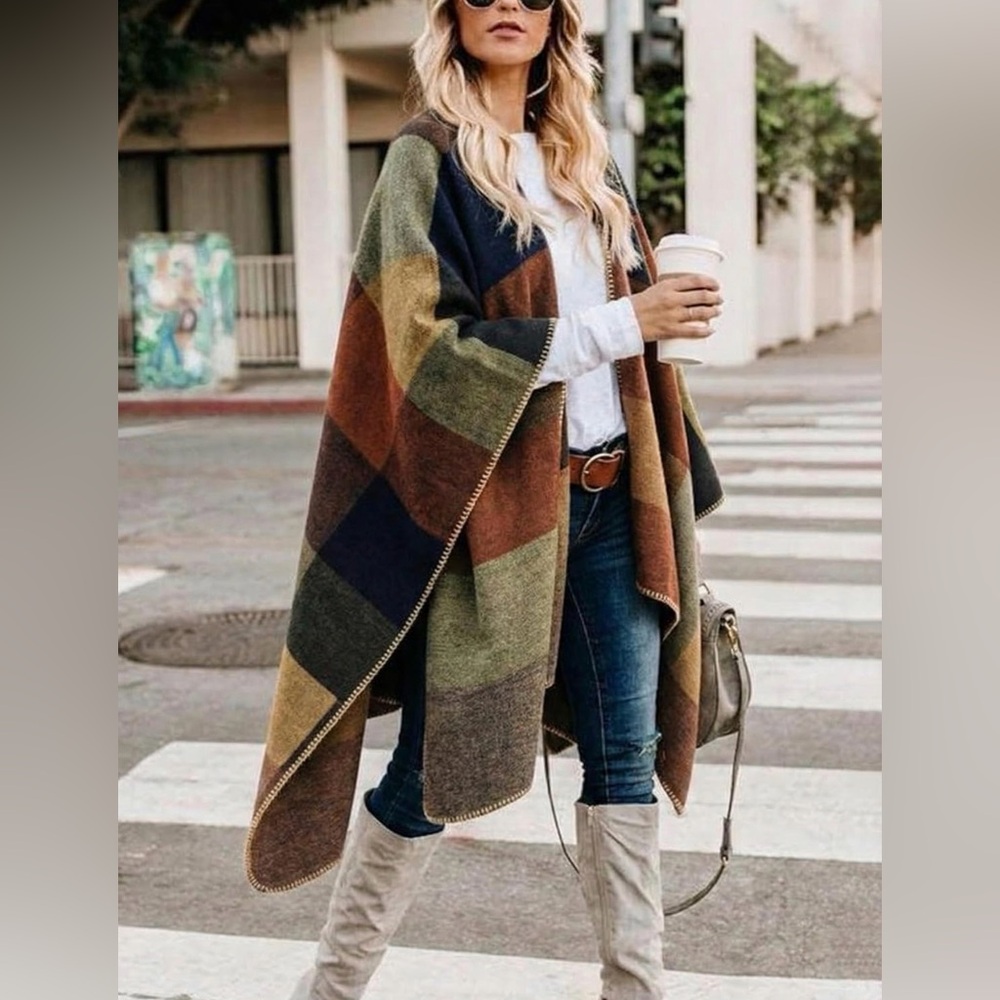 🤎 Color Block Sweater Shawl Poncho | One Size | Cozy, Comfy Winter Wrap ❄️